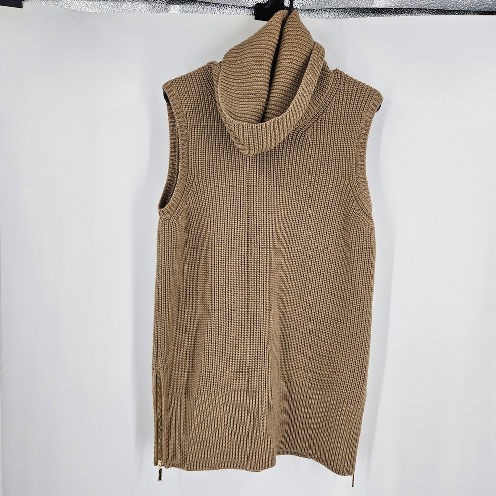 Hugo Boss Sweater Brown Wool Cable Knit Side Zipper Sleeveless Turtleneck NWOT L
